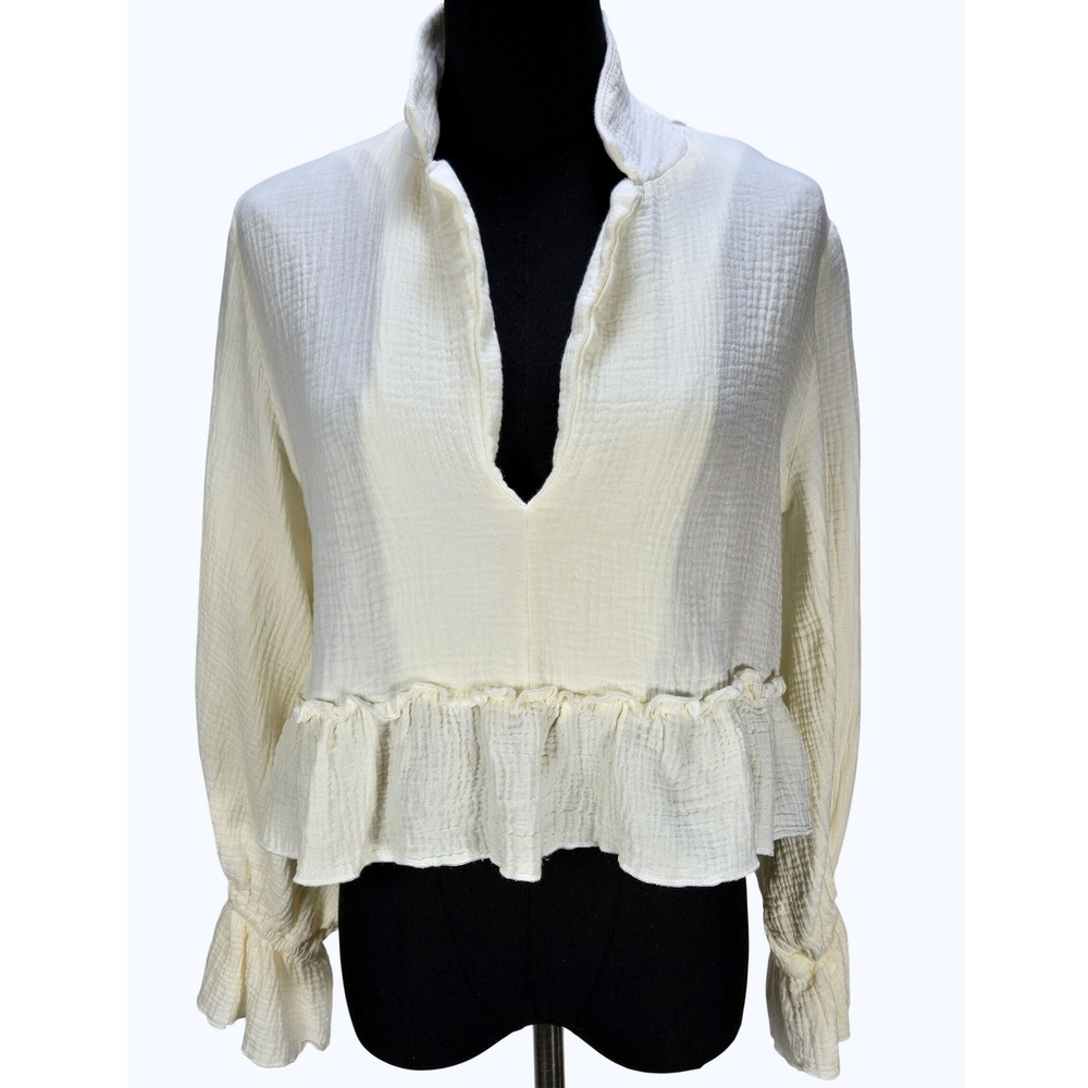 Women's Bucketlist Small Cream Cotton Gauze Ruffle Peplum Crop Top Boho Beachy